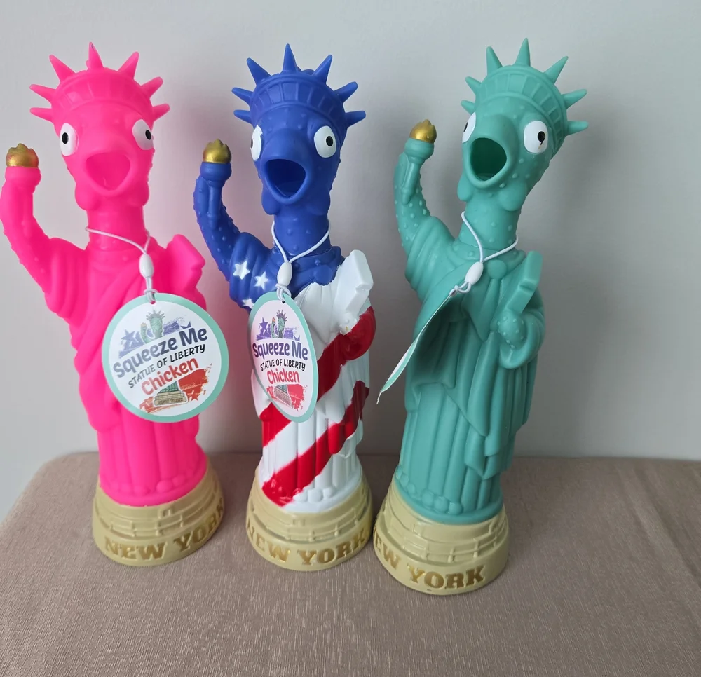 Dog Toy Bundle -Squeeze Me Statue of Liberty Chicken Toy - Pink, Blue & Teal